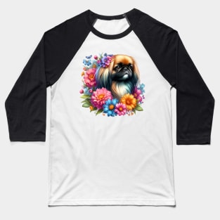 A pekingese decorated with beautiful colorful flowers. Baseball T-Shirt